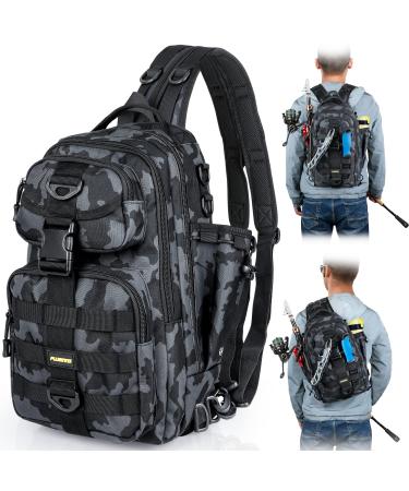 PLUSINNO Fishing Backpack Tackle Bag Water-Resistant Fishing Backpack with Rod Holder Large Fishing Bag for Fishing Gear Ideal Fishing Gifts for Men Large(16.5*10.5*5.5inch)-Black Camo