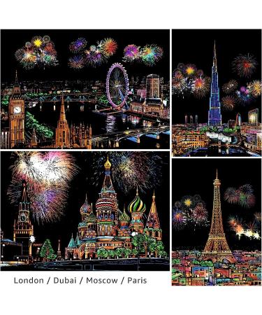 Fireworks City Night View Scratch Art Rainbow Painting Paper (A4, 4 Sheets) - DIY Craft for Kids & Adults | Engraving Arts, Perfect Christmas Birthday Gift - Buy Online on GoSupps.com
