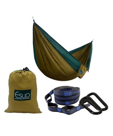 Esup Single & Double Camping Hammock -Lightweight Nylon Portable Hammock Best Parachute Hammock with Tree Straps for Backpacking Camping Travel Camel/Dark Green 118"(L) x 78"(W)