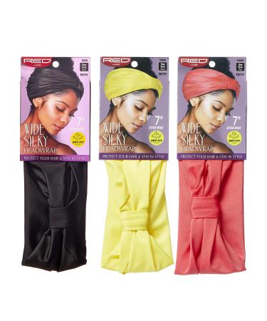 Red by Kiss Wide Silky Headwrap 7 Extra Wide Turban Headbands 3 PACK (Black Yellow Pink)