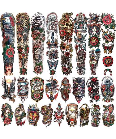 55 sheets Classic Full Arm Temporary Tattoos Old School Tattoos Stickers  Sailor Jerry Style Fake Tattoo Sleeve  American Traditional Flower Half Arm Temporary Tattoos for Women Men Adults Kids