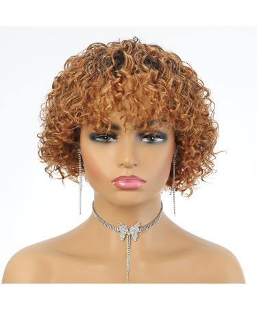 Short Curly Wigs For Black Women Human Hair Brown 1B30 Brazilian Hair Highlights wigs for Middle Aged women full Machine Made Natural Curls Wig with Hair Bangs 8 inch (brown 1B30)