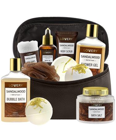 Sandalwood Bath Gift Set for Him - Personal Care Spa Kit in Leather Bag | Relaxing Man Gift Basket with Shower Gel, Bubble Bath, Body Oil, Bath Bomb & More - Buy Online on GoSupps.com