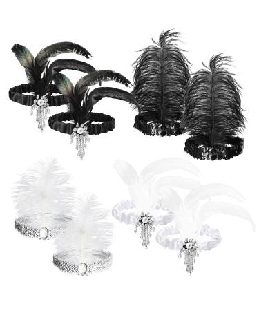 WATINC 8pcs 1920s Flapper Headband ,Black and White Sequin Headband with Feather Jewel Detail, Great Gatsby 1920s Hair Accessory, Roaring 20s Gatsby Costume, Vintage Headpiece for Gatsby Theme Party