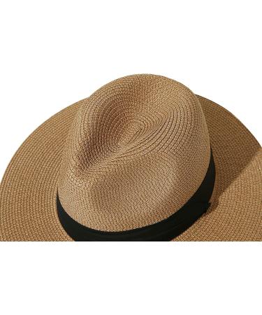 Lanzom Women Wide Brim Straw Panama Roll-up Fedora Hat UPF50+ - Brown/Black - Buy Online on GoSupps.com