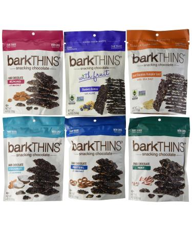 BarkTHINS Snacking Chocolate Variety Pack, 1-Dark Chocolate Toasted Coconut Almonds, 1- Dark Chocolate Blueberry Quinoa, 1-Dark Chocolate Mint, 1- Dark Chocolate Pretzel ,1-Dark Chocolate Pumpkin Seed, 1- Dark Chocolate Almond, 4.7 Ounce each (Pack of 6)