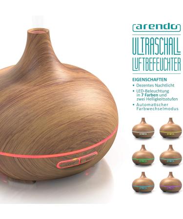 ARENDO Ultrasound LED Aroma Diffuser 300 ml - Humidifier with Timer & 7 LED Colors - Quiet Operation & Wooden Decor for Home Use - Buy Online on GoSupps.com