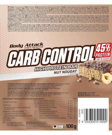 Body Attack Carb Control Protein Bar - Nut Nougat - 10x100g Pack | Low Carb High Protein International Shipping - Buy Online on GoSupps.com