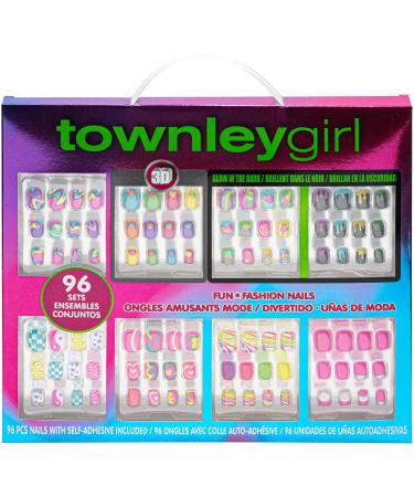 Townley Tween 96 Pcs Press-On Nails Including 3D and Glow-In-Dark Artificial False Nails Set for Tweens with Pre-Glue Full Cover Acrylic Nail Tip Kit  Great for Gifts  Parties  Sleepovers and Makeovers