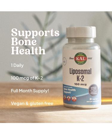 KAL Liposomal Vitamin K2 Supplement with MK7 100 mcg - High Absorption Liposomal Technology - Advanced Bone Support - Vegan Gluten Free Made Without Soy 30 Servings 30 VegCaps - Buy Online on GoSupps.com