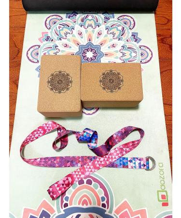 Aozora Cork Yoga Block 2 Pack and Yoga Strap Set - Sustainable & Eco-Friendly - Natural Cork for Support, Balance & Comfort - Mandala Design - 9*6*4 - Buy Online on GoSupps.com