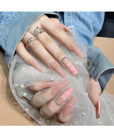 Smiling Face Pink Coffin Press-On Nails with Rhinestones - Long Square Fake Nails for Women & Girls - Buy Online on GoSupps.com