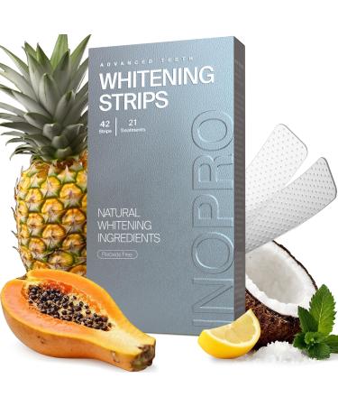 InoPro Natural Teeth Whitening Strips Kit 21 Treatments - Sensitive Teeth Whitener Peroxide Free with Papain Bromelain Coconut Oil White Strips for Teeth Whitening (42 Strips) 42 Count (Pack of 1)
