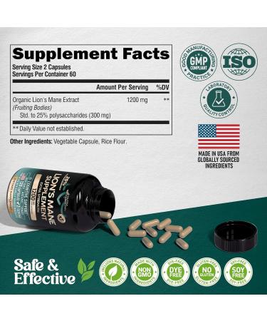 Lions Mane Supplement Capsules - Organic Lions Mane - Made in USA - Fruiting Bodies Extract - 1200 mg 25% Polysaccharides - Memory & Focus Support - As Lions Powder - 120 Capsules 2 Month Supply 120 Count (Pack of 1) - Buy Online on GoSupps.com
