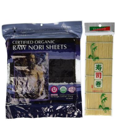 Raw Organic Nori Sheets 50 qty Pack + Free Sushi Roller Mat! - Certified Vegan, Raw, Kosher Sushi Wrap Papers - Premium Unheated, Un Cooked, untoasted, dried - RAWFOOD