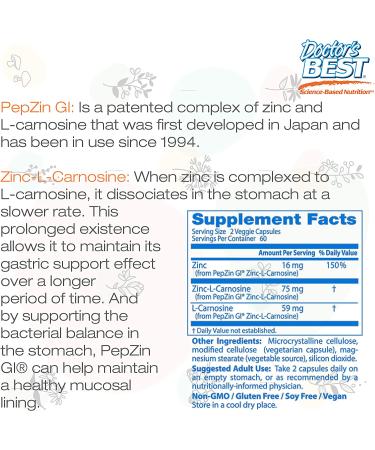 Buy Doctor's Best PepZin GI Zinc-L-Carnosine Complex - 120 Veggie Caps | Digestive Health Support - Buy Online on GoSupps.com