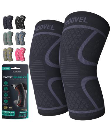 Modvel 2 Pack Knee Brace Compression Sleeve for Men & Women | Knee Support for Running | Medical Grade Knee Pads for Meniscus Tear, ACL, Arthritis, Joint Pain Relief. (L) Large Black/Grey