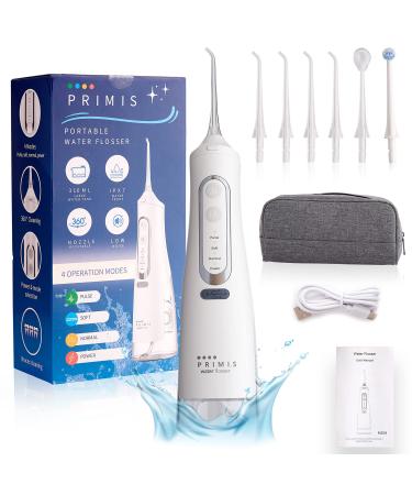 PRIMIS Water Flosser for Teeth Cordless IPX7 Waterproof with 4 Modes Large 310ML Tank & 6 Jet Tips USB Rechargeable Oral Irrigator for Travel & Home use Plaque Remover for Teeth (White) (White)