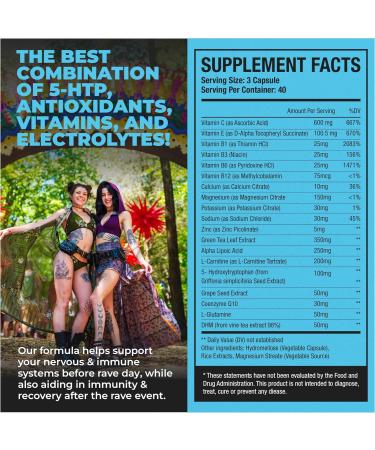 Rave Recovery Aid Vitamins After Party Relief Pills for Music Festivals | 5-HTP Supplement & Electrolytes for Better Mornings | 120 Capsules - Buy Online on GoSupps.com