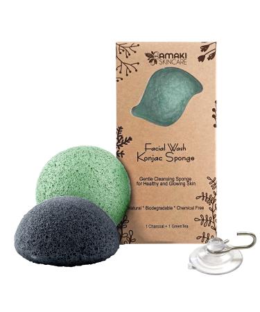 AMAKI SKINCARE Konjac Sponge Facial Cleanser with Added Green Tea and Activated Bamboo Charcoal-Sensitive to Oily and Acne Prone Skin Gentle Face Scrub  Face Sponges for Cleansing and Exfoliating 1 charcoal 1 green tea