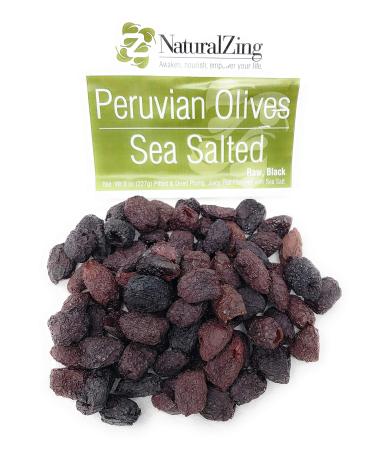 NaturalZing Organic Raw Peruvian Black Dried Pitted Premium Olives Cured 8 Ounce Bag Sea Salted