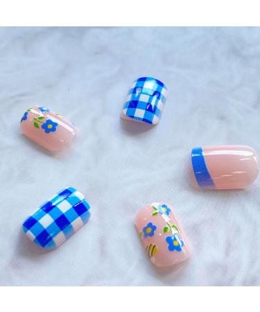 Shop Cute Press on Nails - Bee & Flower Designs | Square Full Cover Acrylic Nails - Blue & White Checkered French Tips for Summer - Perfect for Women & Girls - Buy Online on GoSupps.com