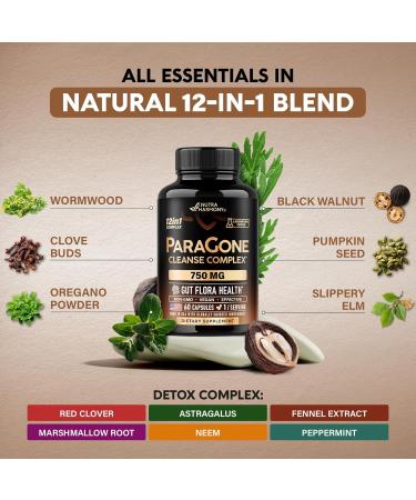Wormwood Black Walnut Clove & Astragalus - ParaGone for Cleanse Detox Intestinal & Gut Flora Support - 12 in 1 Complex for Men & Women - NON-GMO Vegan - Made in USA - 60 Capsules for 2 Months - Buy Online on GoSupps.com