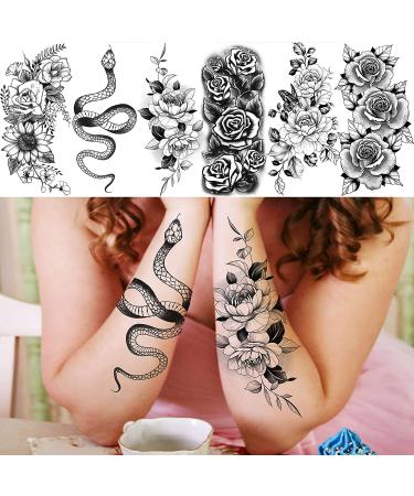 COKTAK 59 Sheets Sexy 3D Rose Flower Temporary Tattoos for Women - Snake, Floral, Sunflower, Peony, Butterfly & More | Black Realistic Arm, Neck, Thigh, Body Tattoo Stickers - Buy Online on GoSupps.com