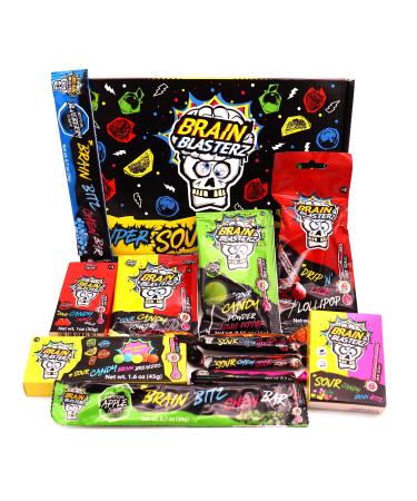 Sour Candy Small Gift Box by Brain Blasterz | Hard Sour Candy, Brain Breakerz, Sour Chew Bar, Lollipop, Brain Bitz, Sour Powder & More Sour Candy | Apple, Strawberry, Lemon, Cola & More | Halloween Sweets