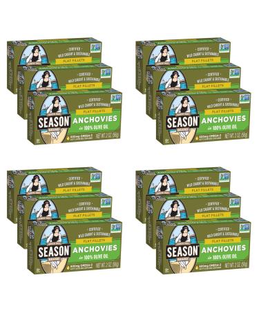 Season Anchovies in Olive Oil | Flat Fillets, Gluten Free, Keto, Omega-3 Fatty Acids, Paleo, Kosher, Sugar Free, Salt Added | Certified Wild Caught & Sustainable Fresh Fish | 2 oz (Pack of 12)