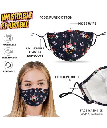 Face Mask Washable UK for Women with Nose Wire 3 Layers Pure Cotton Face Masks for Glasses Wearers | Reusable | Breathable | Filter Pocket | Adjustable air loops (2 x Masks) (Floral - W) - Buy Online on GoSupps.com