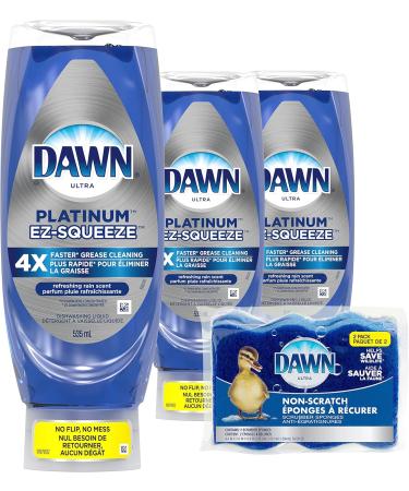 Dawn EZ-Squeeze Platinum Dishwashing Liquid Dish Soap Refreshing Rain Scent 535 ml (Pack of 3) + Dawn Non-Scratch Kitchen DIsh Sponges (Pack of 2) 321 ml (Pack of 5) - Buy Online on GoSupps.com