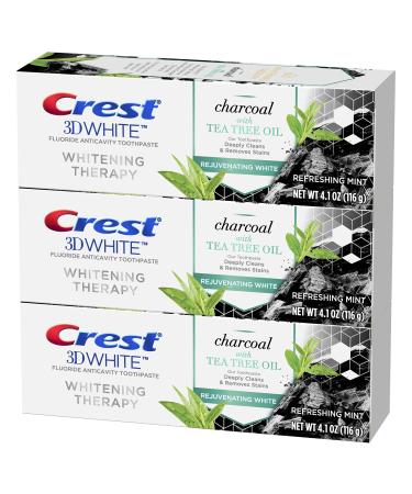Crest Charcoal 3D White Toothpaste, Whitening Therapy, with Tea Tree Oil, Refreshing Mint Flavor, 4.1 oz, Pack of 3 Charcoal with Tea Tree Paste 3pk