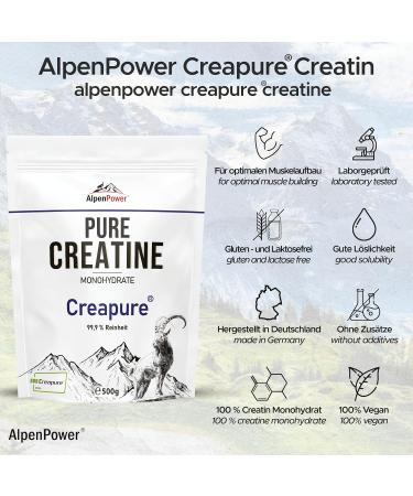 Alpenpower Creatine Monohydrate Creapure 500g - 99.9% Pure Vegan Power for Muscle Building - Made in Germany - Laboratory Tested Quality - Buy Online on GoSupps.com