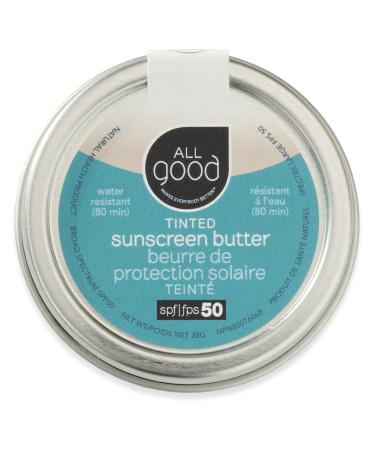 All Good Tinted Mineral Sunscreen Butter for Face  Nose  Ears - UVA/UVB Broad Spectrum  SPF 50  Zinc Oxide  Coral Reef Friendly  Water Resistant  Coconut Oil  Jojoba Oil  Beeswax  Vitamin E (1 oz)