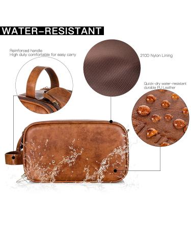 Elviros Men's Large PU Leather Toiletry Bag - Water-Resistant Travel Shaving Dopp Kit Organiser for Bathroom Toiletries - Brown Cosmetics Bag - Buy Online on GoSupps.com