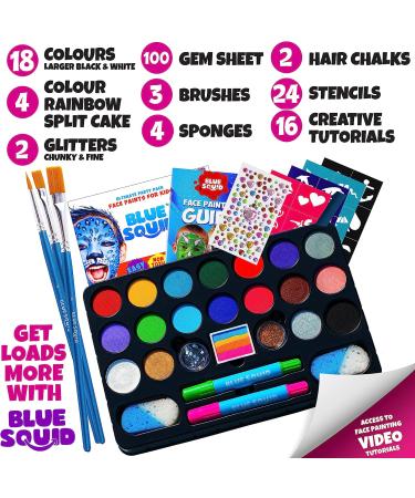 Blue Squid Face Painting Kit for Kids - 22 Color 160pcs with Stencils & Book | Non-Toxic Halloween Makeup | Professional Face Paint Set - Buy Online on GoSupps.com