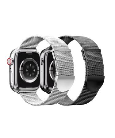 2 Pack Metal Magnetic Band Compatible with Apple Watch Bands 38mm 40mm 41mm 42mm 44mm 45mm for Women Men,Milanese Loop Stainless Steel Mesh Adjustable Strap Wristband for iWatch Series 8 7 6 5 4 3 SE Silver/Black 38/40/41 mm