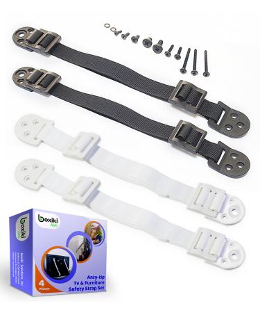 Anti-Tip Tv and Furniture Anchor Strap (2 Pairs) by Boxiki Kids. Black & White Child and Home Safety Strap. Furniture and Tv Drop Prevention Accessory for Child Proofing Your Home. 2 Pairs - Black and White
