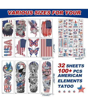 RainFlower 4th of July Temporary Tattoo - USA Flag Independence Day Full Arm Sleeve for Adults & Kids - Blue, Red, White Fake Tattoos - Buy Online on GoSupps.com