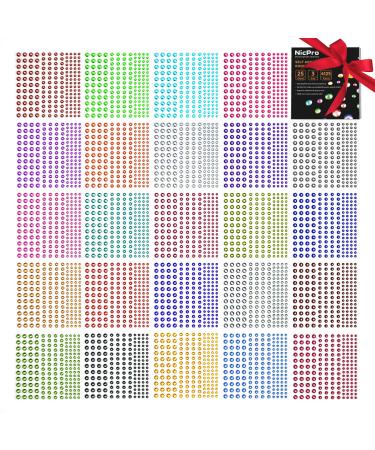 Rhinestone Stickers 4125 PCS, Nicpro Self Adhesive Face Gems Stick on Body Jewels Crystal in 3 Size 25 Colors,25 Embellishments Sheet for Decorations Crafts Nail Makeup 25 Sheet 25 colors