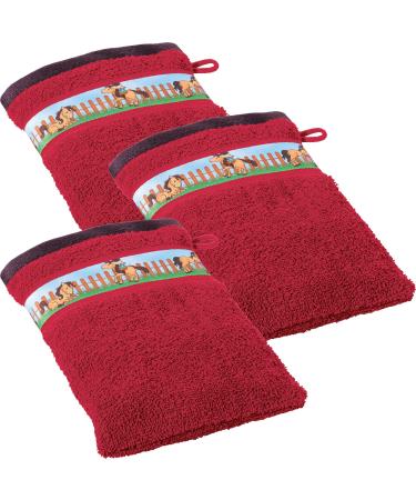 Erwin M ller Children's Waschrot Washy Pack Frottier red size 15x21 cm- with horse motif on border soft skin-friendly 100% cotton washing glove 3-pack |15x21 cm red