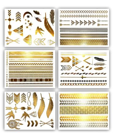 Gold Metallic Temporary Tattoos - 75+ Geometric Henna Designs Moon Stars Arrows Feathers - Waterproof, Non-toxic, Long Lasting - Ideal for Beach, Festivals & More! - Buy Online on GoSupps.com