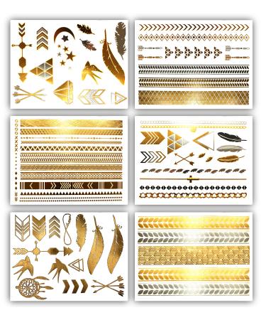 Terra Tattoos Gold Metallic Temporary Tats 75+ Geometric Henna Designs Moon  Stars  Arrows  Feathers Waterproof Nontoxic Long Lasting Perfect for Beach  Festivals  & more! - Buy Online on GoSupps.com