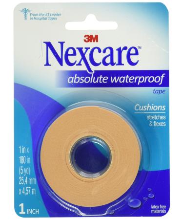 Nexcare Absolute Waterproof First Aid Tape, from The #1 Leader in U.S. Hospital Tapes, Stays on During Sports, Seals Out Water, Dirt and Germs, 1-Inch x 5-Yard Roll