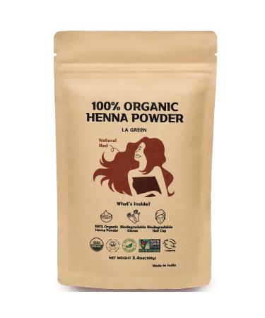 100% Organic USDA Henna Powder For Hair Dye - Natural Hair Color, Best For Hair, Soft Shiny & Healthy Hair, No Chemical or Additive, Including application gloves & hair cap - LA GREEN 100g (Pure Henna)