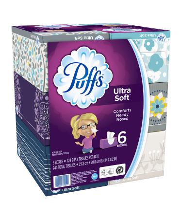 Puffs Ultra Soft Facial Tissues, 6 Family Boxes, 124 Tissues per Box White 744 Count (Pack of 1)