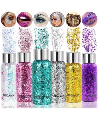 6 Bottle glitter face - glitter tinkering - body glitter gel - glitter make -up make up with 6 spoons for hair nails nails cosmetics festival party long -lasting sparkling - white/pink/green/silver/gold/purple