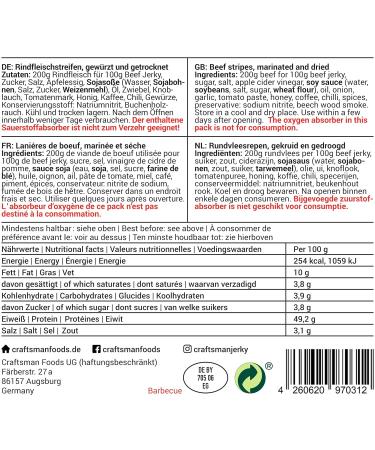 Craftsman Beef Jerky Barbecue 500g | Premium 100% Beef Snack from Bavaria Germany | American Jerky Beef Set | 5 x 100g Meat Treats - Buy Online on GoSupps.com