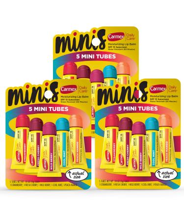 Carmex Daily Care Minis Moisturizing Lip Balm Tubes with SPF 15 Strawberry Cool Mint Wild Berry Peach Mango and Fresh Cherry Lip Balm Pack - 0.18 OZ Each 5 Count (Pack of 3)